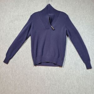 Tommy Hilfiger Sweater Mens Medium Blue Knitted Cotton Shawl Neck Logo Pullover